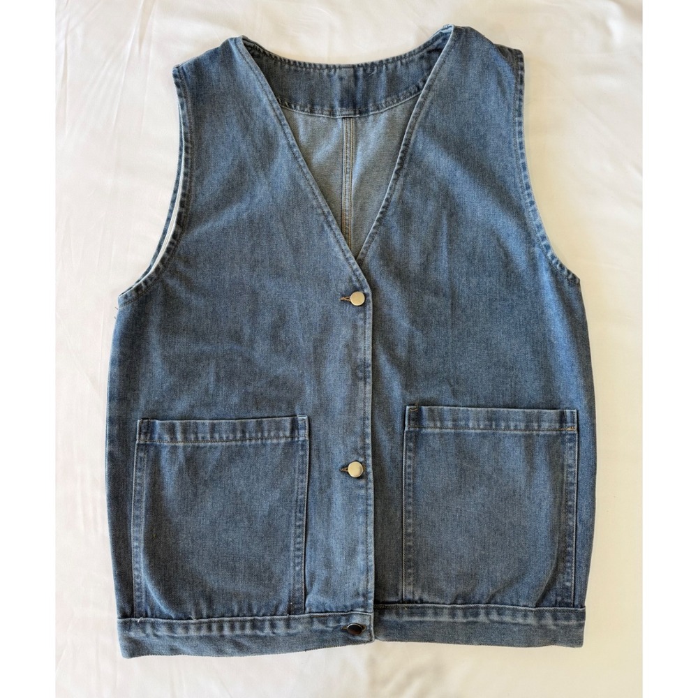 Denim Look Vest V-Neck Button Front Pockets Medium Wash L Layering Streetwear